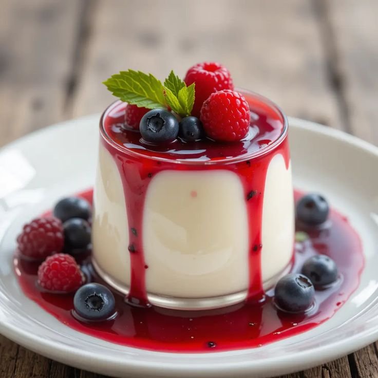 Vanilla panna cotta with berry sauce made using agar agar powder as a vegan gelatin substitute