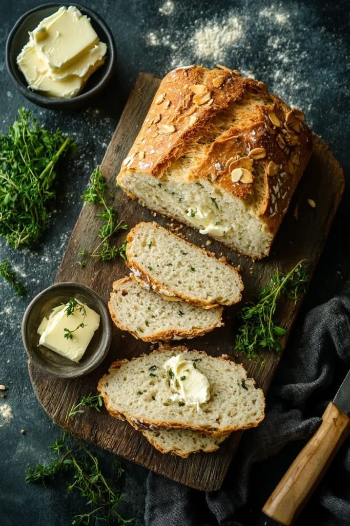 Ariel view of sliced gluten-free almond flour bread on a wooden board with bread knife, herb bundles, and butter in glass bowls