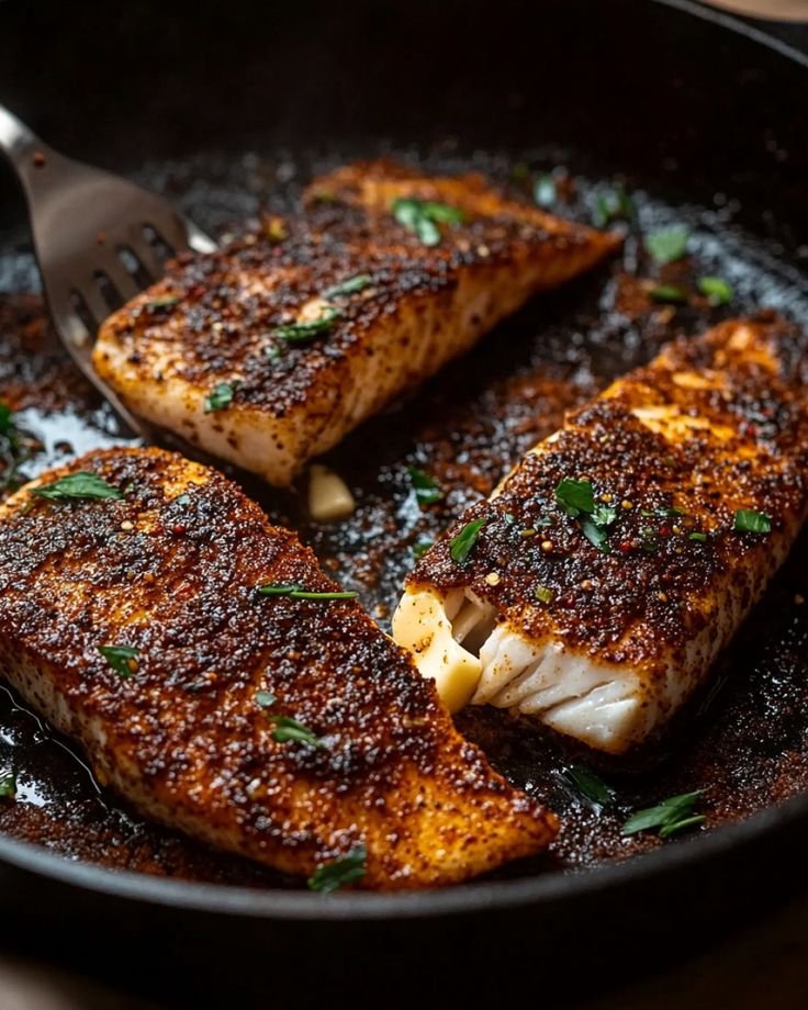 Grilled Jamaican jerk fish in a cast iron pan with charred allspice jerk seasoning